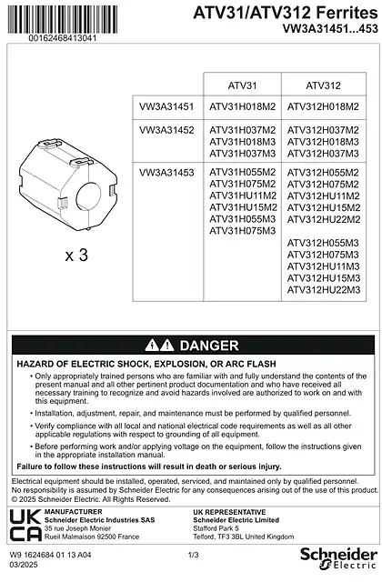 schneider施耐德Instruction Sheet - Ferrites_ VW3A31451_ 452_ 453
